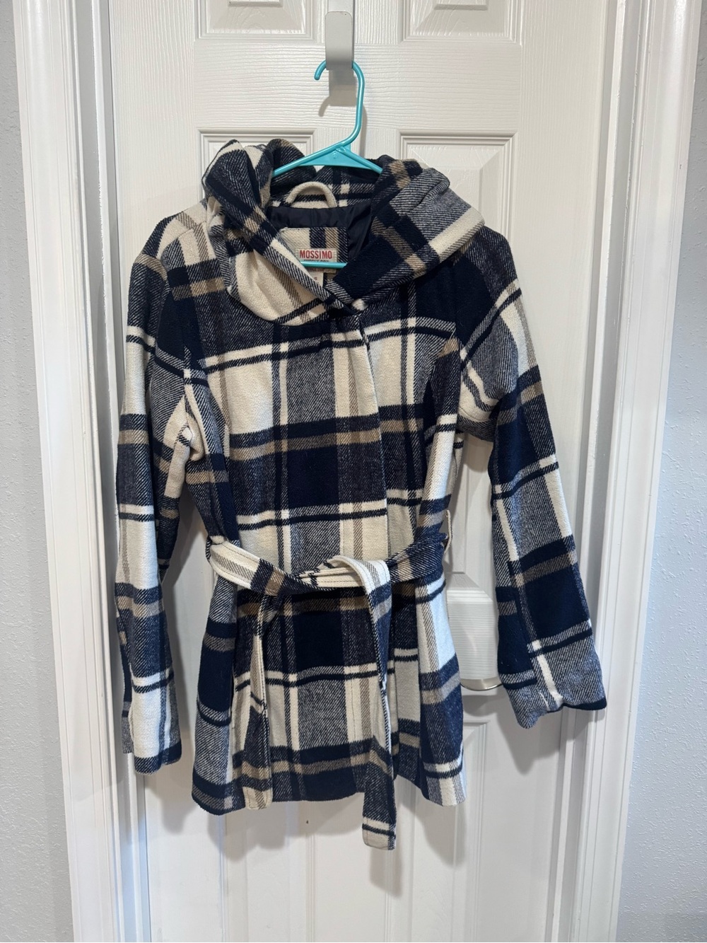 Mossimo Supply Co. Navy & Cream Plaid Hooded Belted Pea Coat
